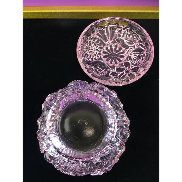 Vintage Fenton Art Glass Powder Jar Trinket Box with Lid Transparent Pink Floral - Picture 7 of 16